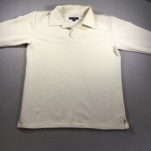 G-Net Mens Long Sleeve Polo Shirt Cream Textured Diamond Cable Knit Size M